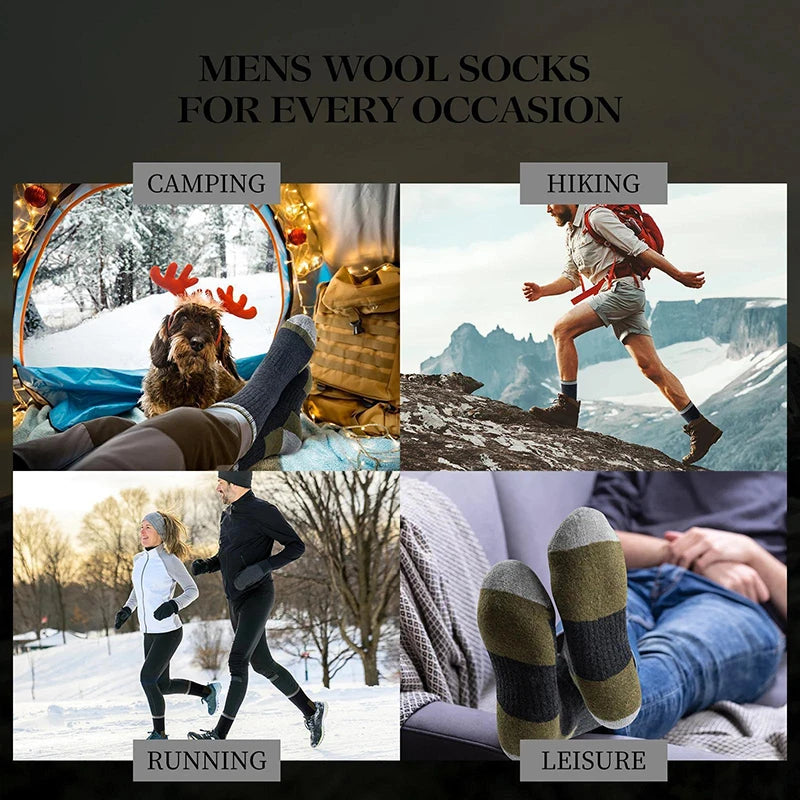 A collage showing merino wool socks used for camping, hiking, running, and leisure activities.