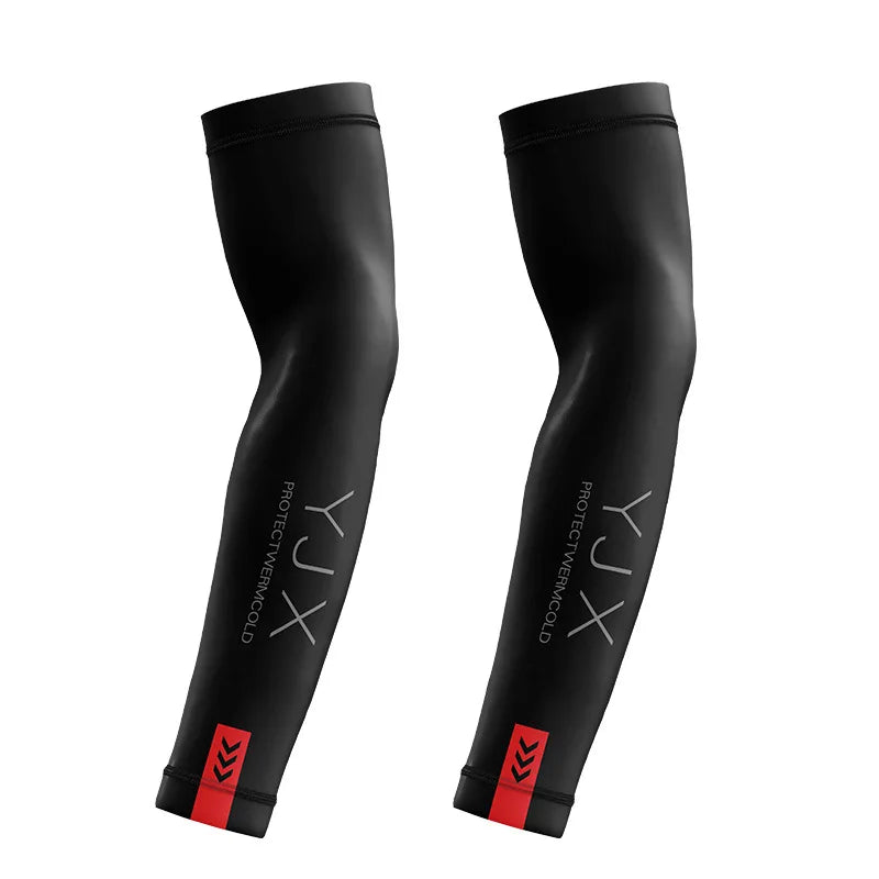 A pair of black protective waterproof arm sleeves shown against a white background.