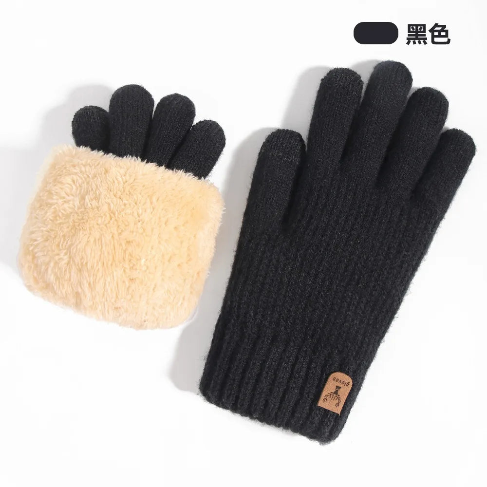 Black knit gloves with a light beige faux fur cuff shown against a white background.