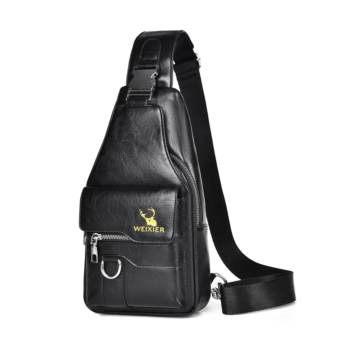Black leather men's crossbody bag with a zipper and leather strap