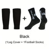 A set of black knee covers and football socks for sports.