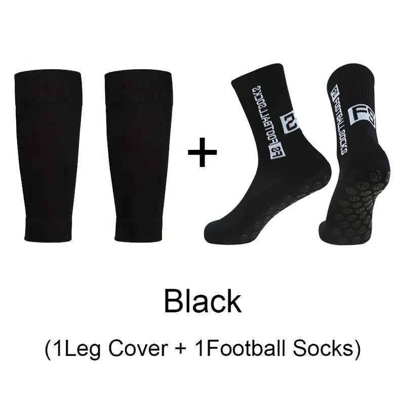 A set of black knee covers and football socks for sports.