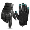 Ein Paar schwarze taktische PU-Lederhandschuhe, Ansicht von Handfläche und Rücken.