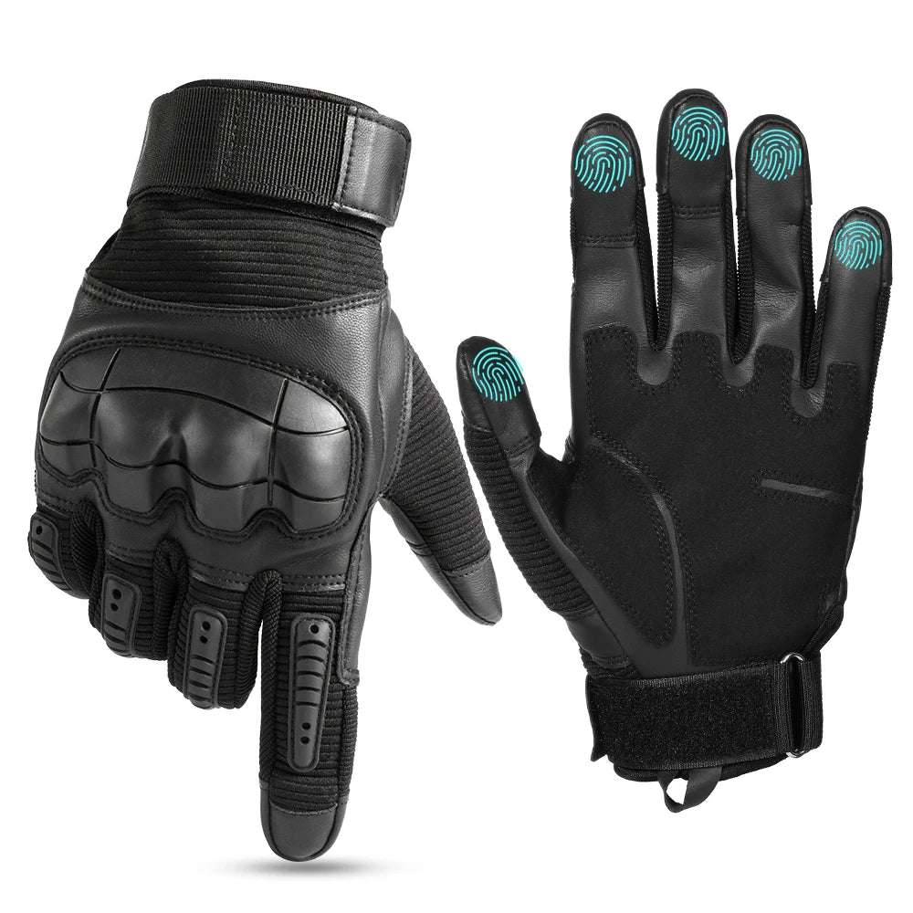 Ein Paar schwarze taktische PU-Lederhandschuhe, Ansicht von Handfläche und Rücken.