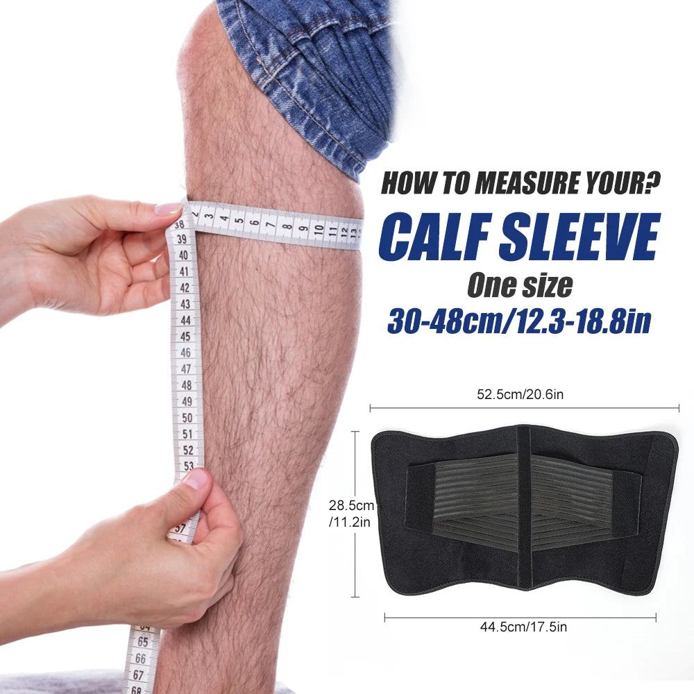 A hand is measuring a calf sleeve on a leg, showing the size and fit of the compression brace.