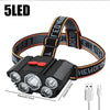 A black LED headlamp with an orange strap and a rechargeable battery is shown.