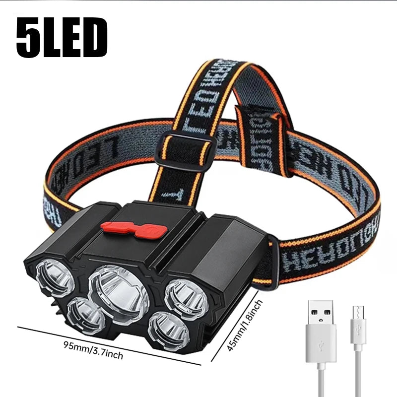 A black LED headlamp with an orange strap and a rechargeable battery is shown.