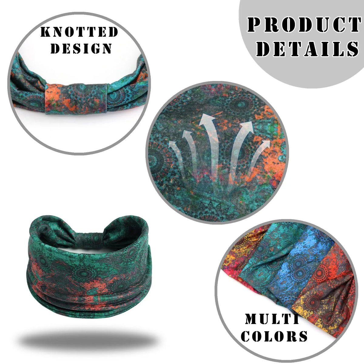 A set of boho knotted cotton headbands in multi colors showing product details and a finished headband.