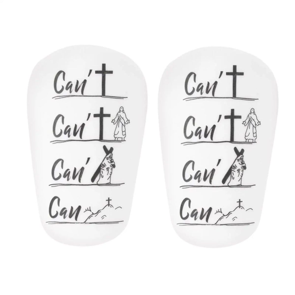 Un par de espinilleras blancas mini para fútbol con texto que dice "Can't" e ilustraciones de figuras.