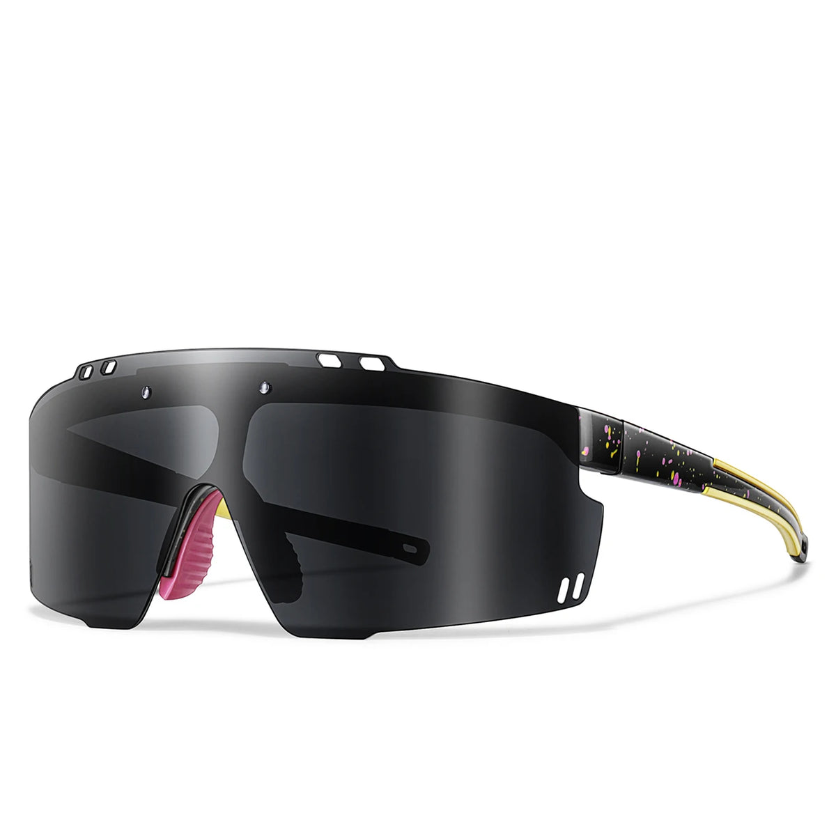 Black cycling sunglasses with pink accents and gold detailing shown from the side.