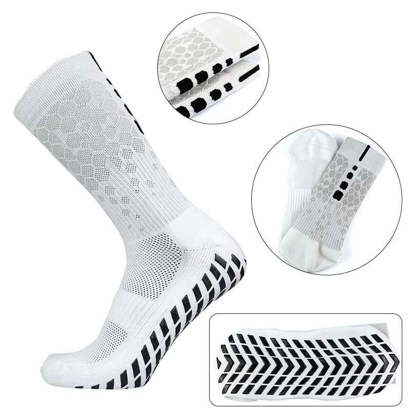 White honeycomb grip football socks shown in various views and close-ups