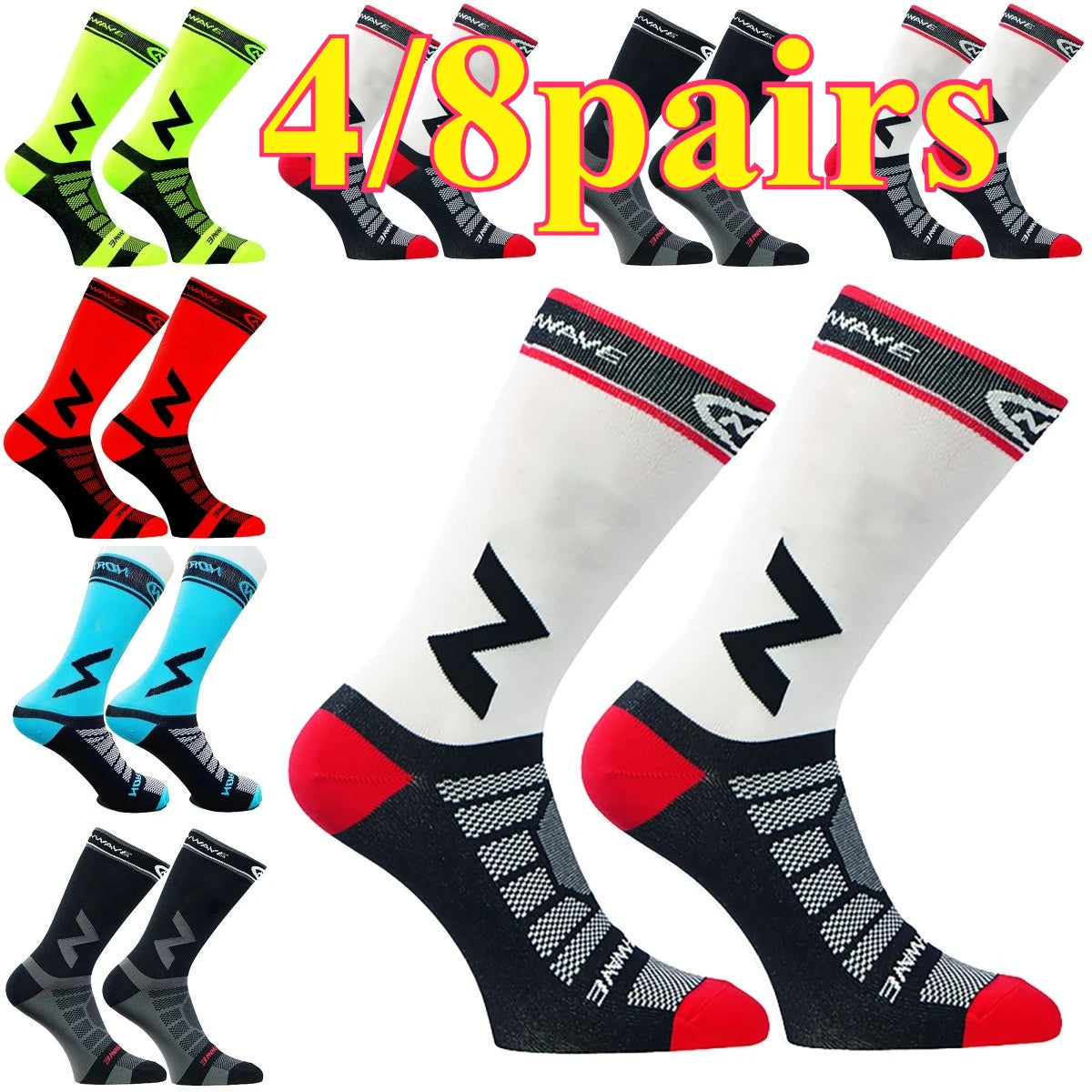 A collection of four pairs and eight pairs of black and white compression cycling socks.
