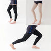 A person wearing black compression thigh-high socks is shown in various angles.