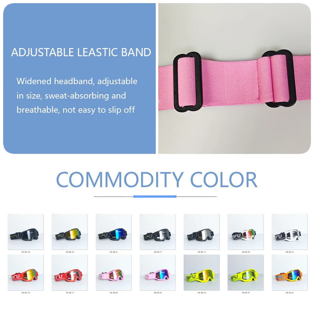 A variety of sport-grade skiing goggles in different colors and styles are displayed.