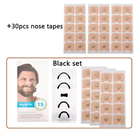 Un juego de 30 pares de cintas nasales magnéticas negras para alivio del ronquido, incluye un kit de inicio.