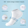 A white thin ankle sock is shown with various features highlighted, including a threaded opening and soft fabric.