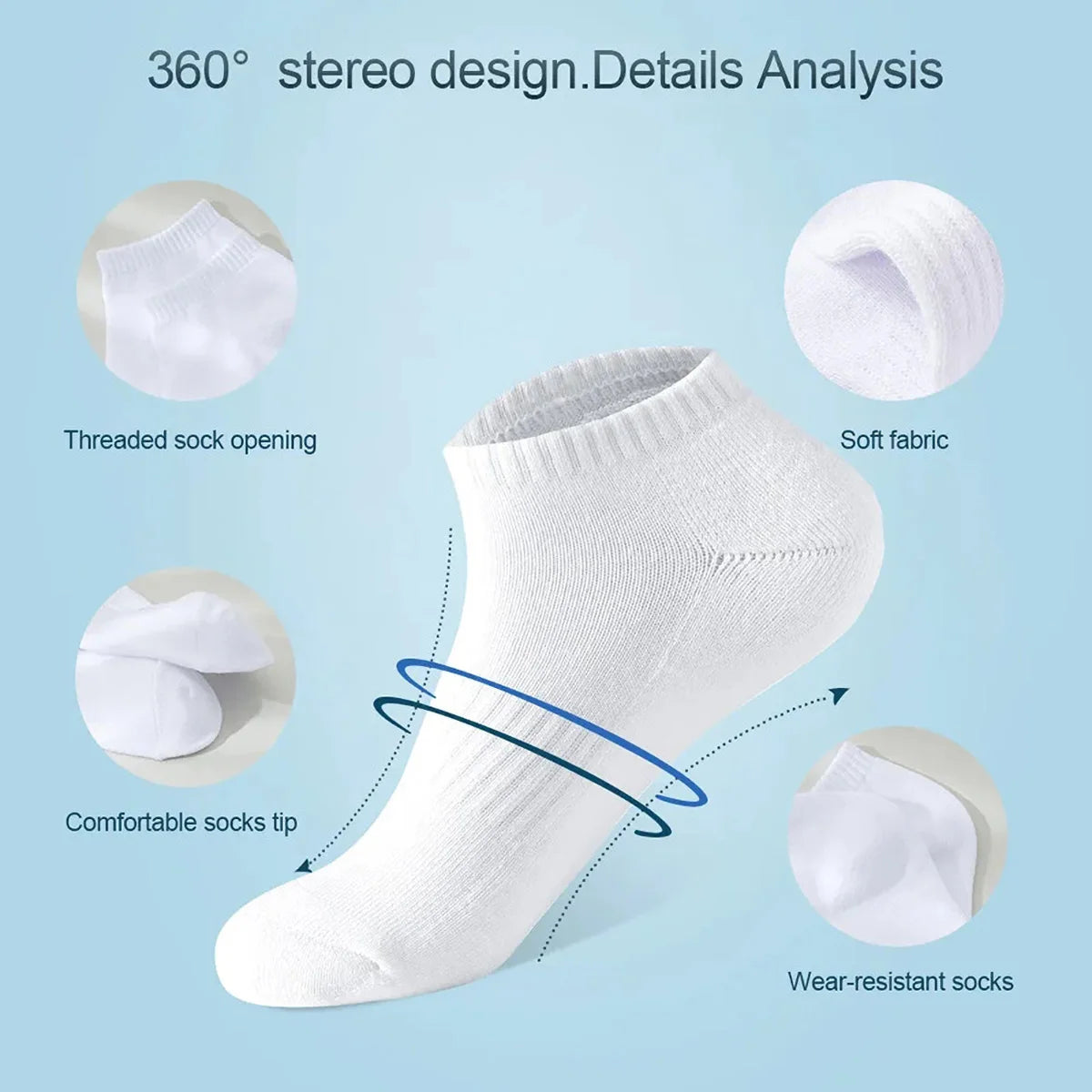 A white thin ankle sock is shown with various features highlighted, including a threaded opening and soft fabric.