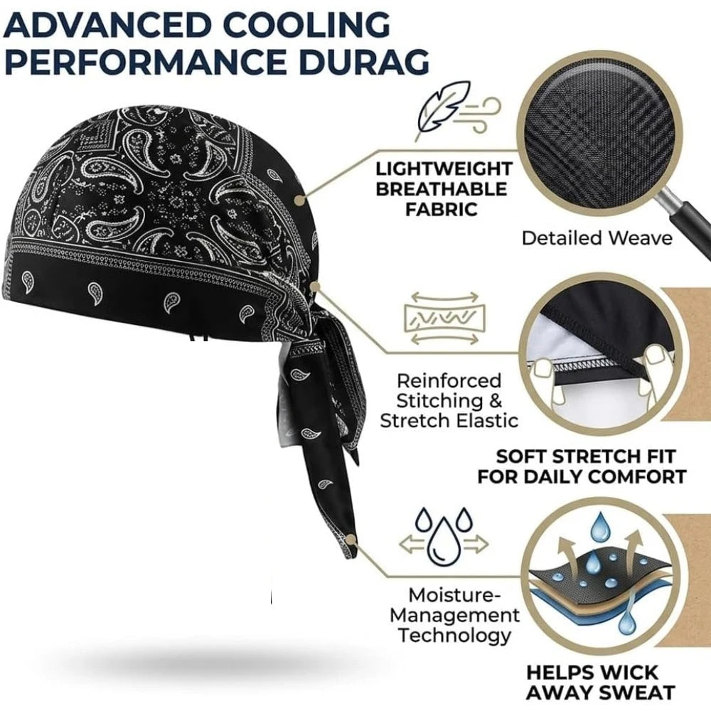 Bonnet foulard paisley noir, respirant et gérant l'humidité