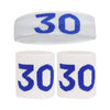 Un set de bandeaux de tête et de poignet blancs avec le numéro 30 imprimé en bleu.