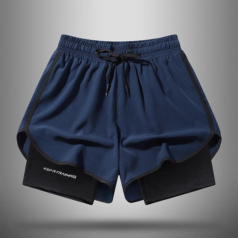 Navy blue men's quick-dry athletic shorts with black trim and drawstring