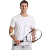A man wearing a white t-shirt holds an adjustable tennis elbow brace for pain relief.