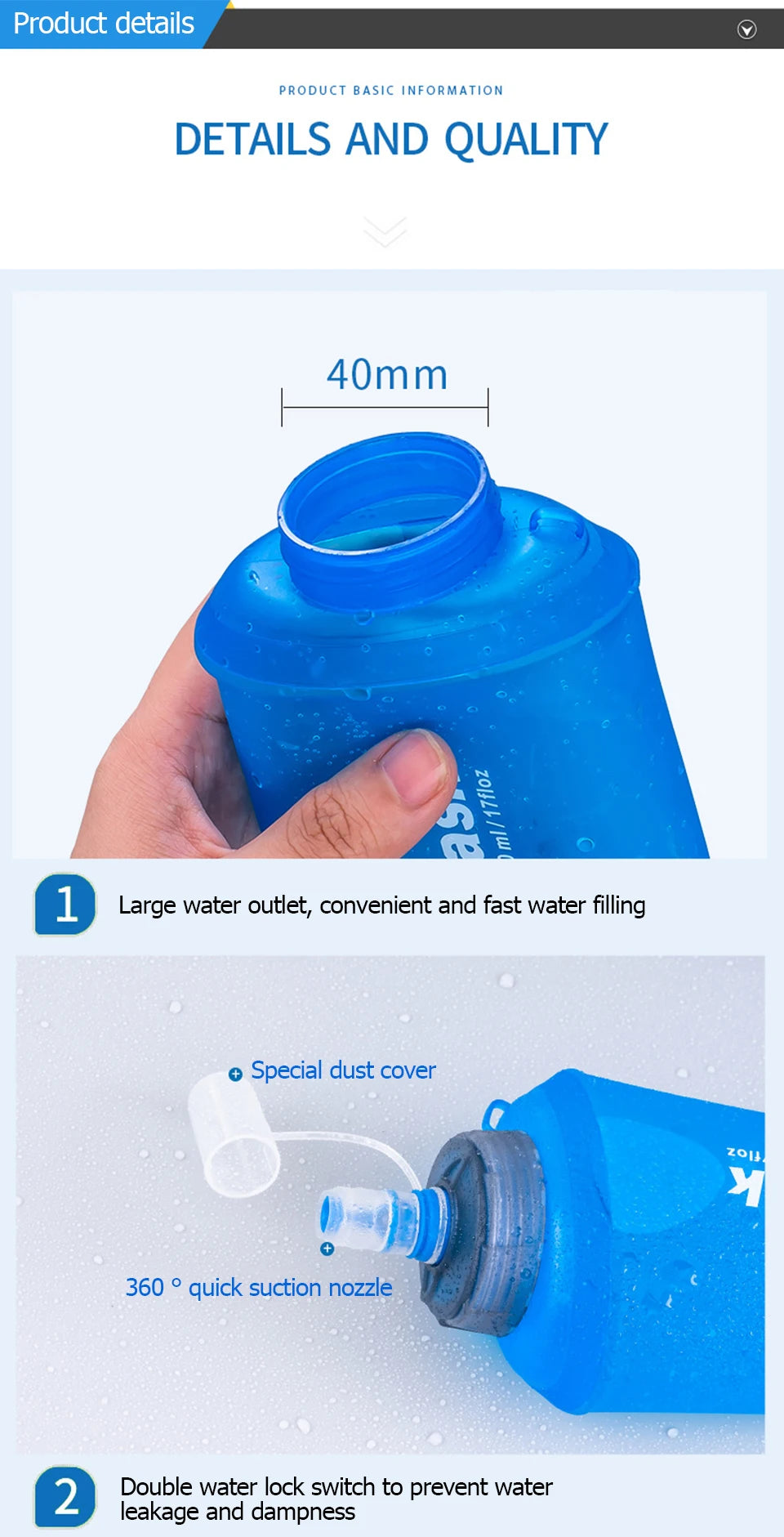 A hand holds a blue sports water bottle, demonstrating its large water outlet and a special dust cover with a suction nozzle.