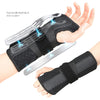 A black wrist brace with two aluminum strip supports is shown on a hand and forearm.