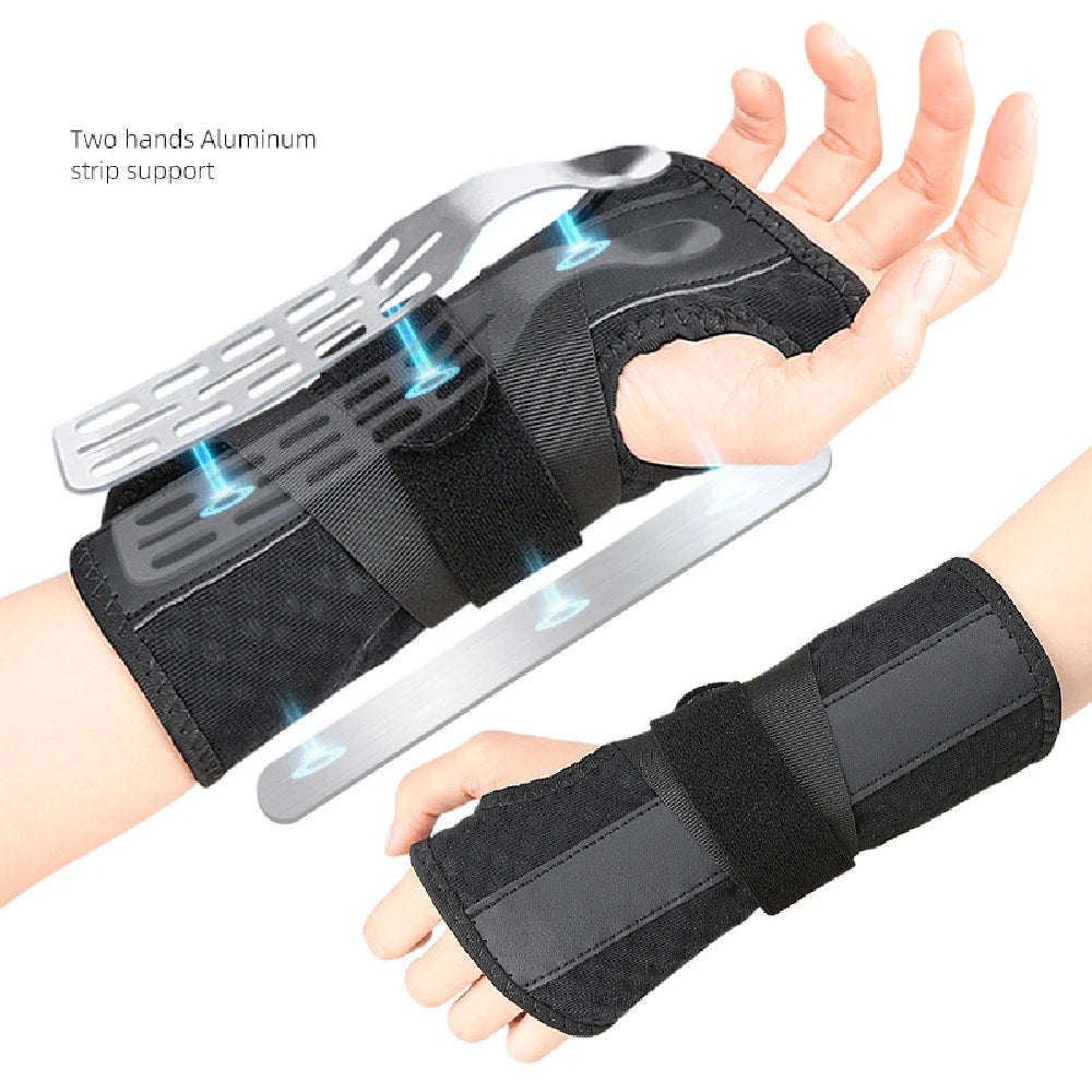 A black wrist brace with two aluminum strip supports is shown on a hand and forearm.