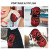 A red spider web patterned silicone pouch designed to hold eyeglasses, shown in various contexts.