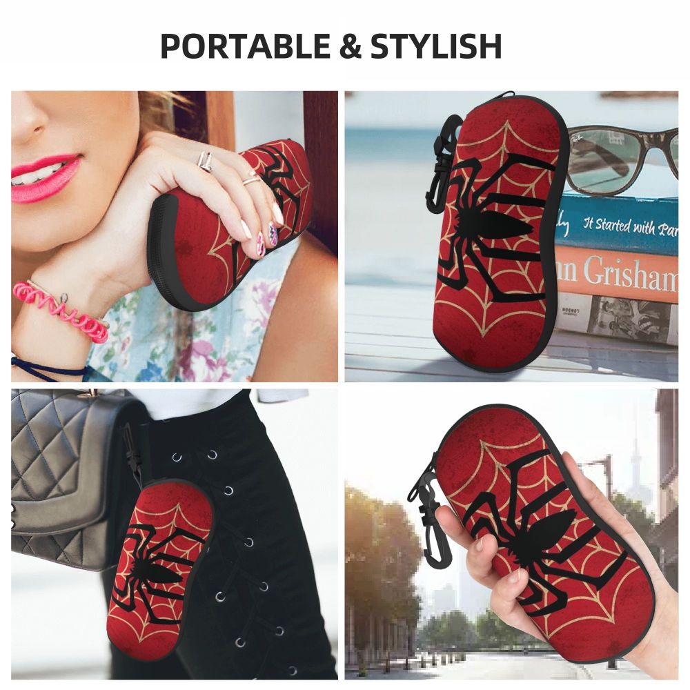 A red spider web patterned silicone pouch designed to hold eyeglasses, shown in various contexts.