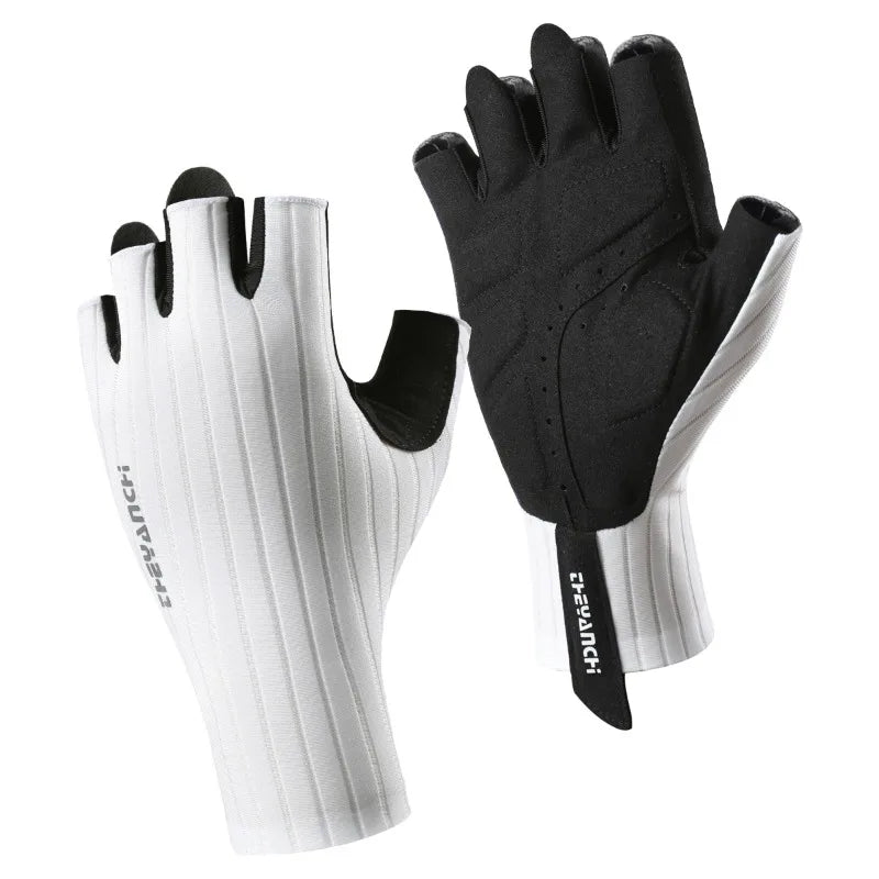A pair of black and white half finger cycling gloves for summer riding