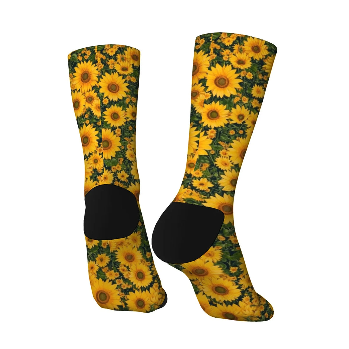 A pair of breathable crew socks with a vibrant yellow and green sunflower print.