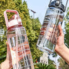 Eine Hand hält eine klare Wasserflasche mit Zeitmarkierungen, die verschiedene Hydratationsziele für den Tag zeigt.