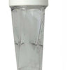 A clear plastic protein shaker bottle with a white cap and dispenser top.