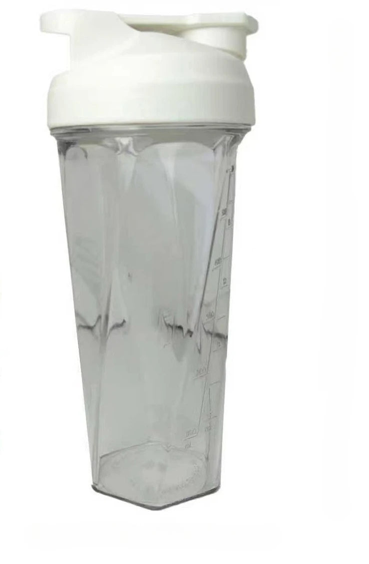 A clear plastic protein shaker bottle with a white cap and dispenser top.