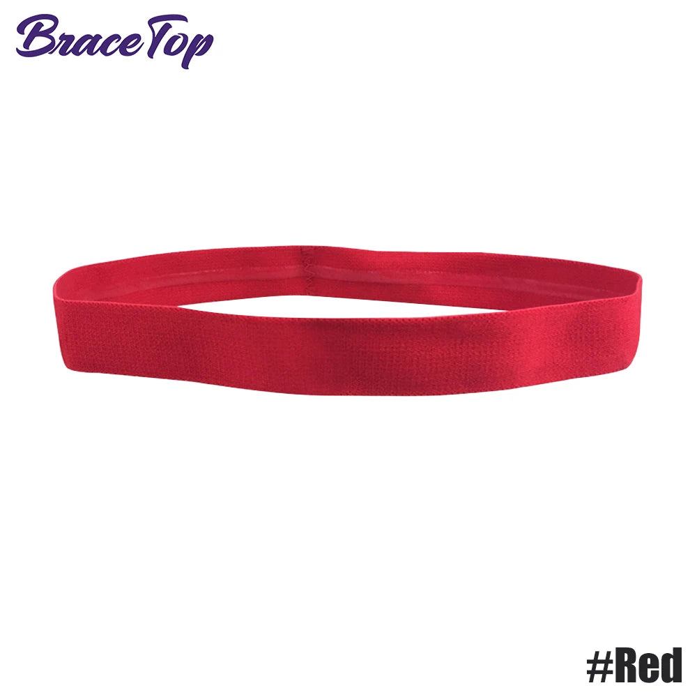 A red BraceTop sports headband shown flat.