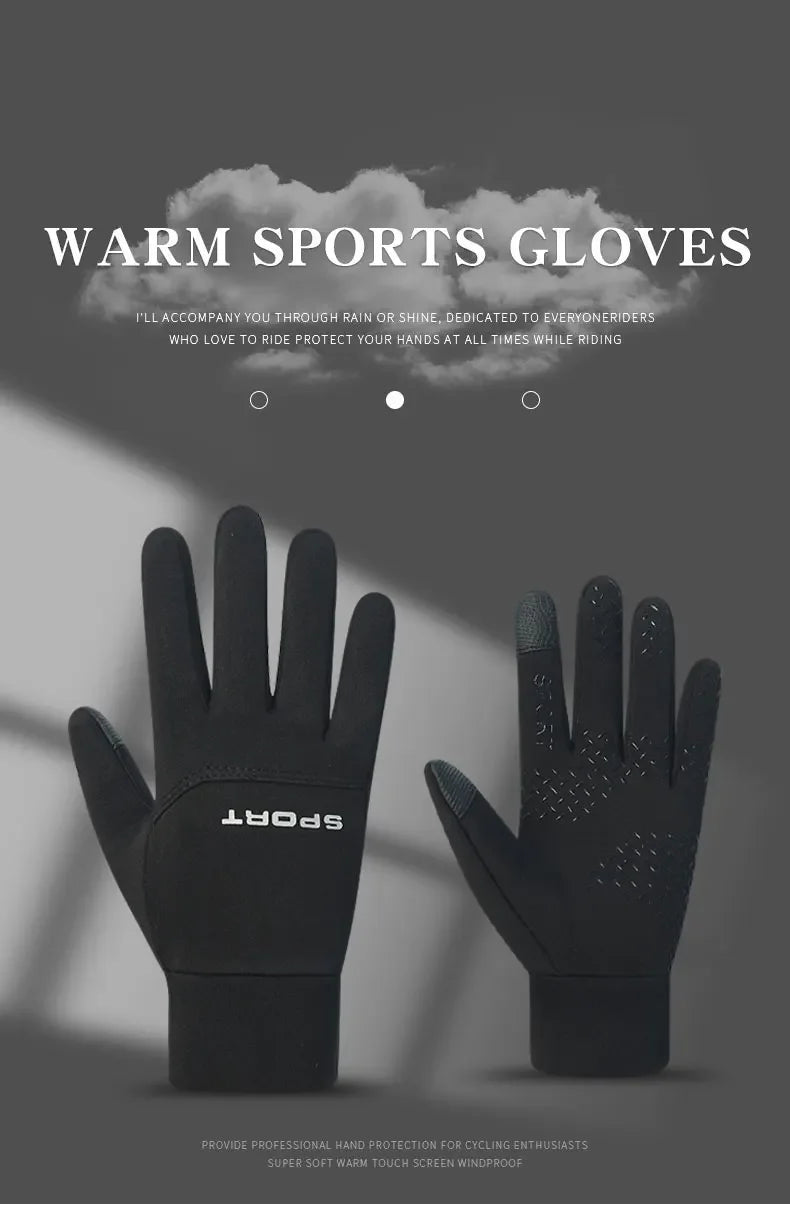 A pair of black sports gloves shown against a gray background, designed for riding and outdoor activities.