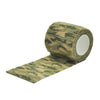 Roll of outdoor camouflage elastic wrap tape with a green and brown mottled pattern