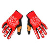 Pair of red and black full finger motocross motorcycle gloves with white dragon graphics