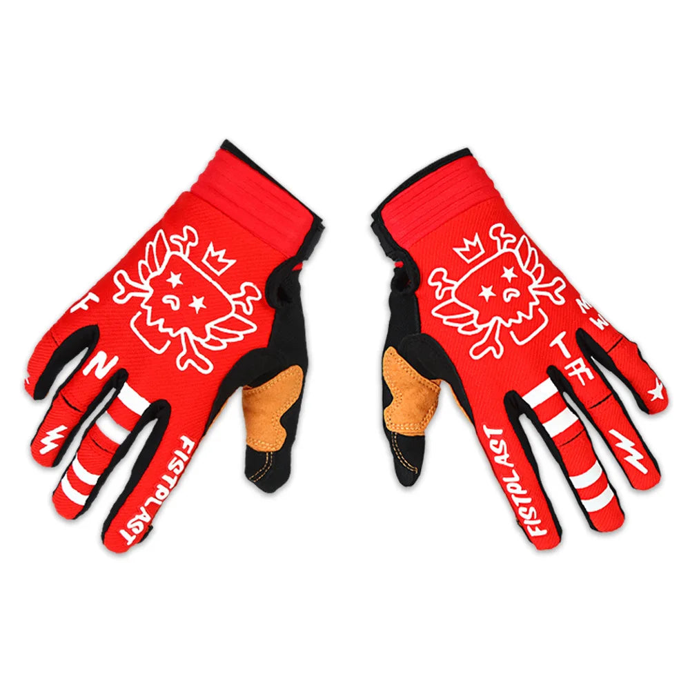 Pair of red and black full finger motocross motorcycle gloves with white dragon graphics