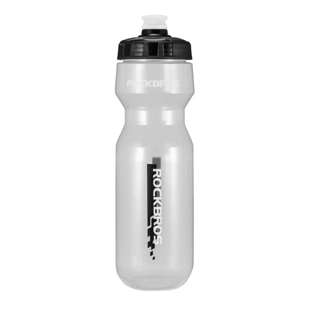 A clear plastic sports water bottle with a black cap and label on a white background.
