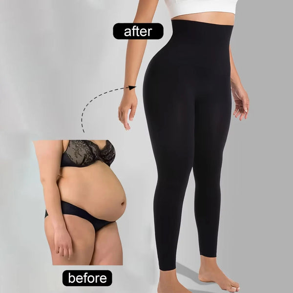 Before and after comparison showing high-waist compression shaping leggings on a pregnant belly.