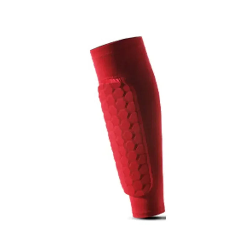 A red durable sports shin guard for football or basketball, shown in a vertical view.