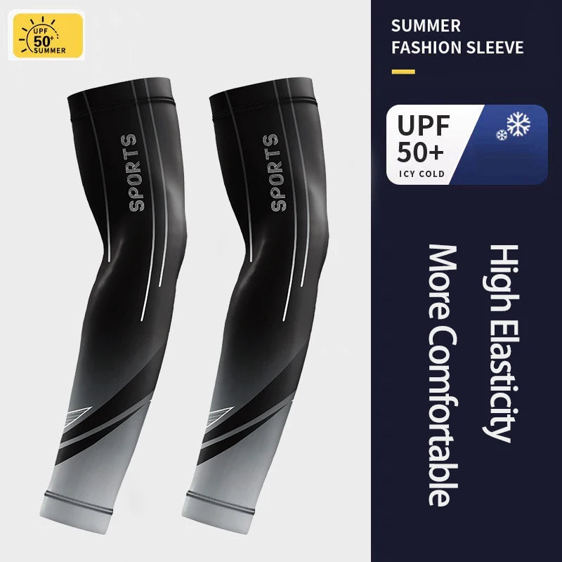 A pair of black sports fashion sleeves with a summer design and UPF 50+ protection.