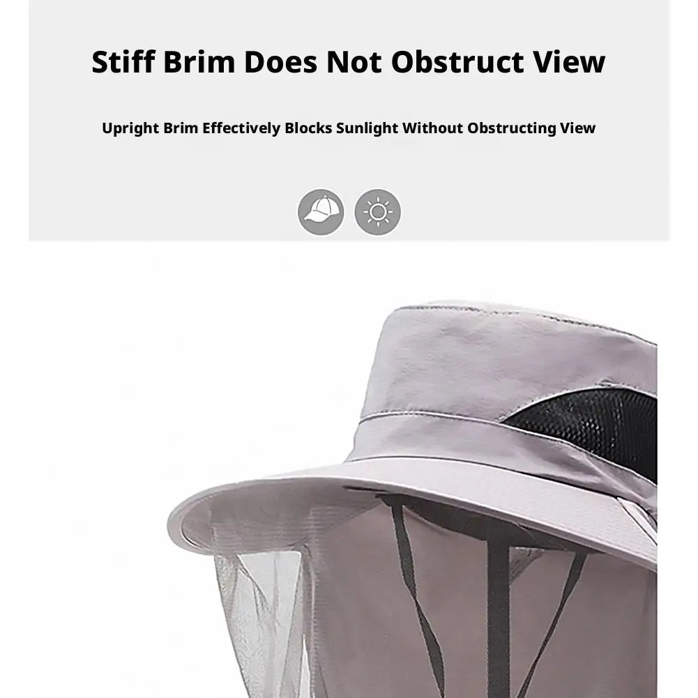 Mosquito Net Sun Hat with Wide Brim and Adjustable Chin Strap