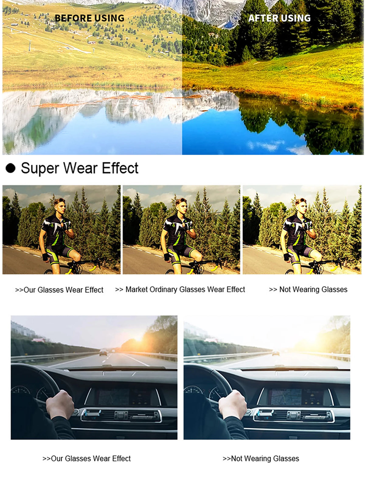 Comparison showing the super wear effect of photochromic sports sunglasses for cycling and outdoor activities before and afte