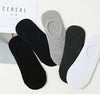 A collection of five pairs of unisex breathable boat socks in black, gray, and white are displayed next to a product box.