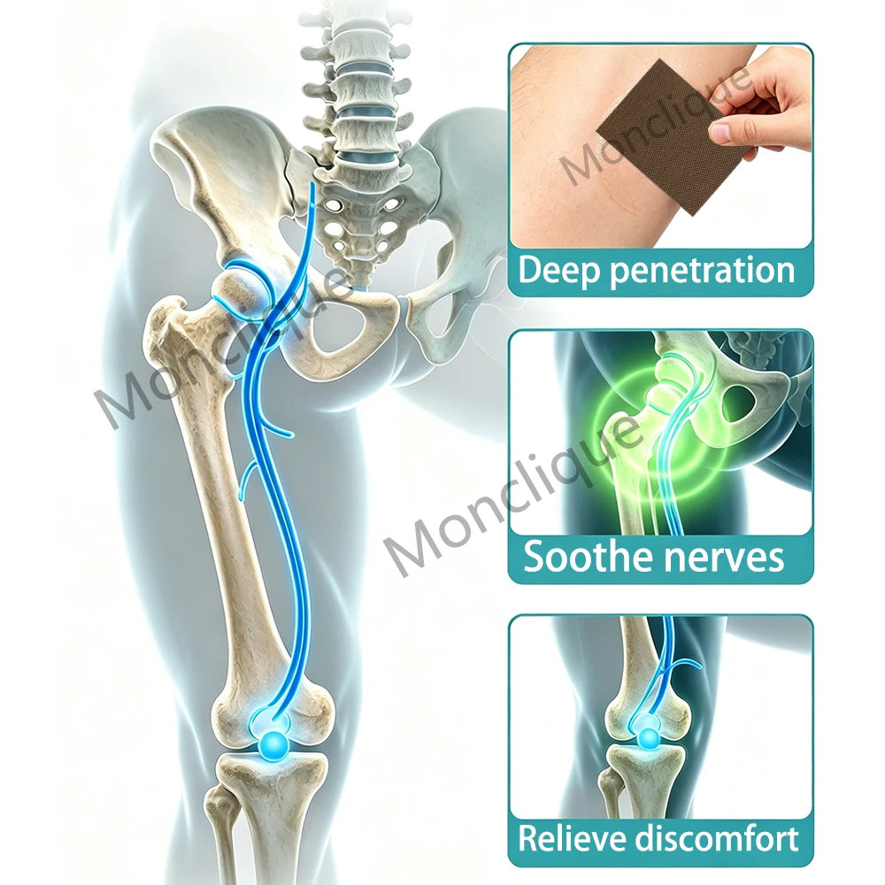 Diagram showing the deep penetration and soothing effect of herbal patches on nerves to relieve discomfort in the knee area.