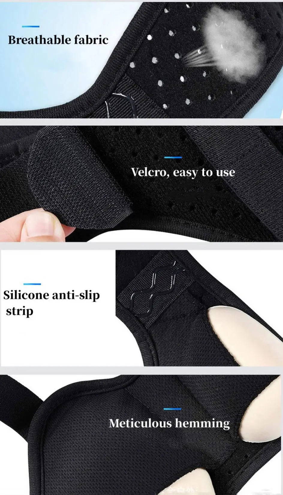Close-up shots demonstrating the breathable fabric, velcro closure, silicone anti-slip strip, and meticulous hemming of a bla