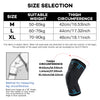 Black compression knee support sleeve shown with measurements and usage instructions.